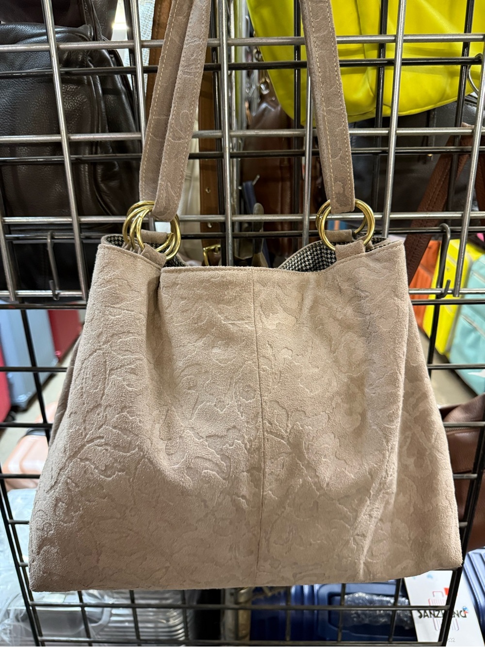 Vintage Suede Beige Floral-Embossed Women’s Shoulder Bag